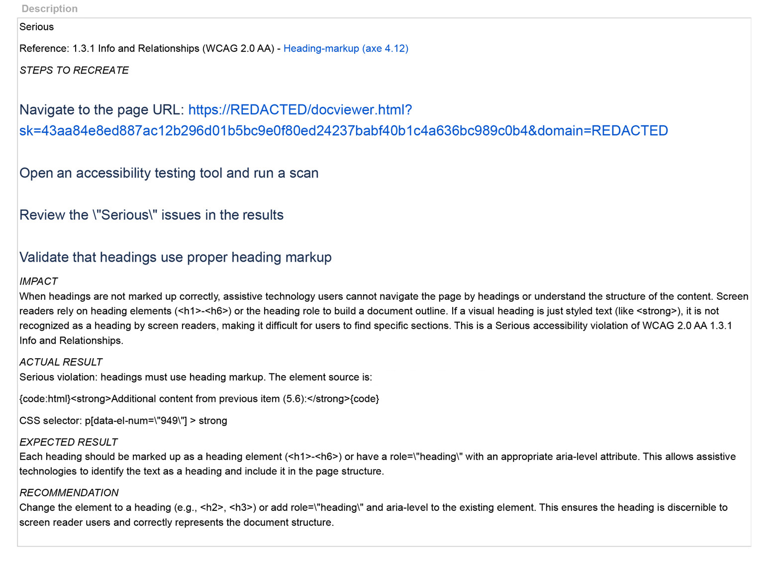 Sample accessibility defect ticket details showing a Serious heading markup issue, WCAG reference, steps to recreate, impact, actual result, expected result, and remediation recommendation